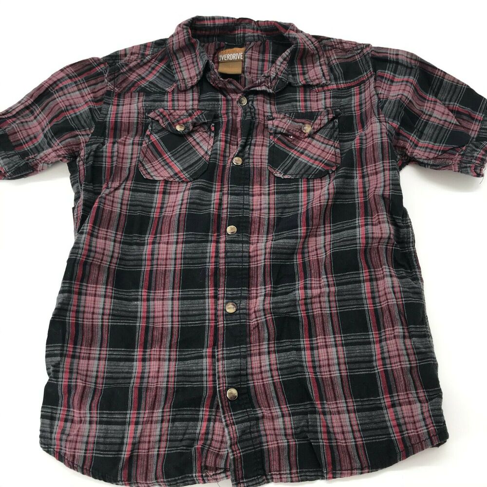 Maximum Overdrive Boys Shirt Button Front Short Sleeve Plaid 100% Cotton Sz 7